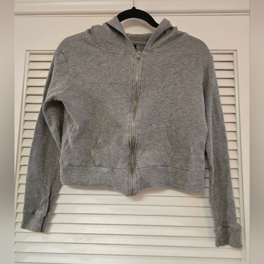 Love - Grey Waffle-Knit Long-Sleeve Crop Zipper Hoodie Sweater With Pockets